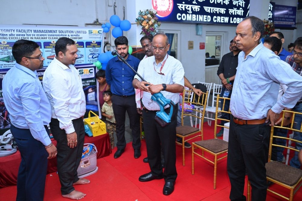 Senior Northeast Frontier Railway (NFR) officials inspecting modern cleaning equipment during the launch of enhanced on-board housekeeping services at Guwahati Railway Station on October 10.